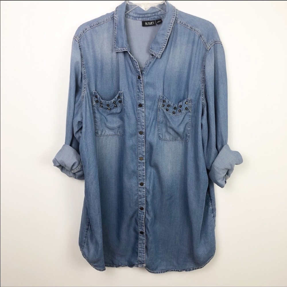 a.n.a. Chambray Button Down Studded Pocket Plus 1X